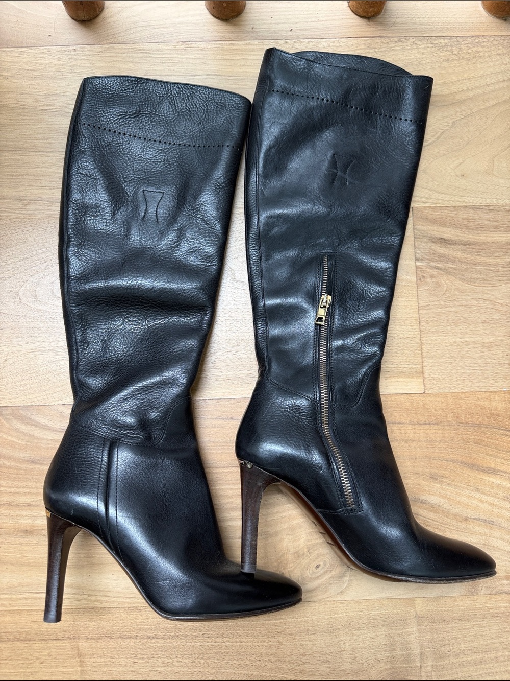 Burberry Black Leather Knee Boots with Side Zip